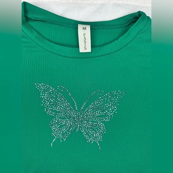 M Fasis Womens Short Sleeve Round Neck Green Butterfly Pullover T Shirt Size L - Picture 5 of 7